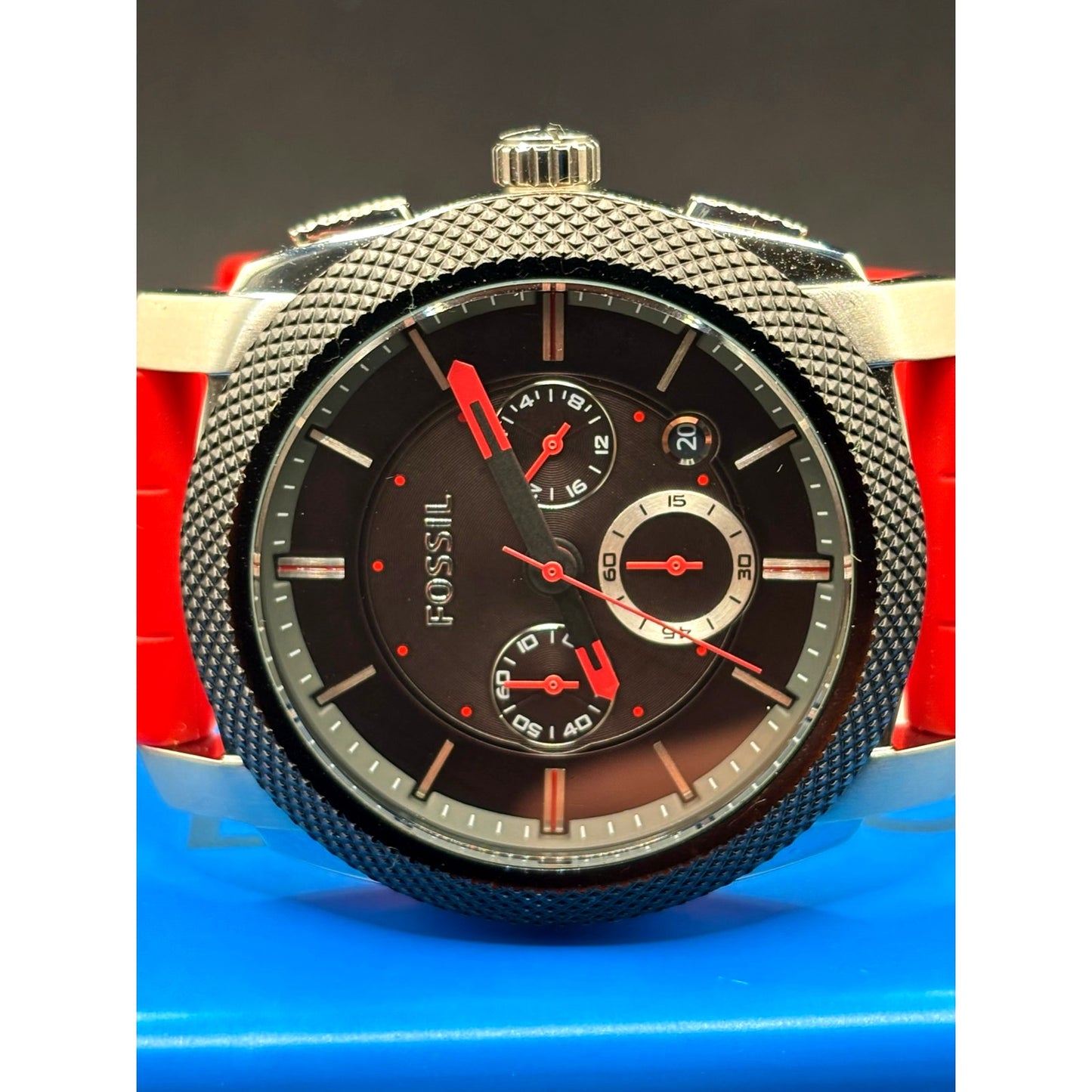 Fossil FS4598 Machine Chronograph Men’s Silver Red Silicone Strap Watch