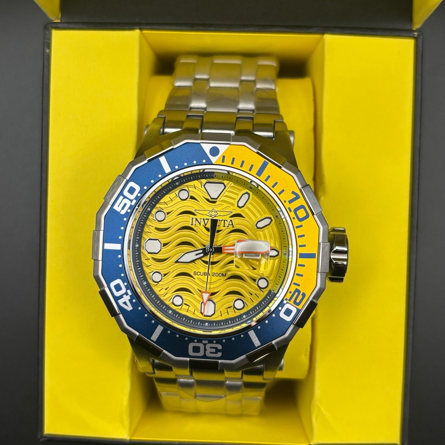 Invicta 47844 Pro Diver Wave Scuba Yellow Dial Blue Bezel Steel Alum Men's Watch