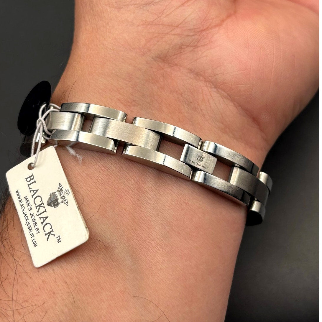 Blackjack BJB49T Men's Curved Link Stainless Steel Bracelet Cubic Zirconia NIBWT