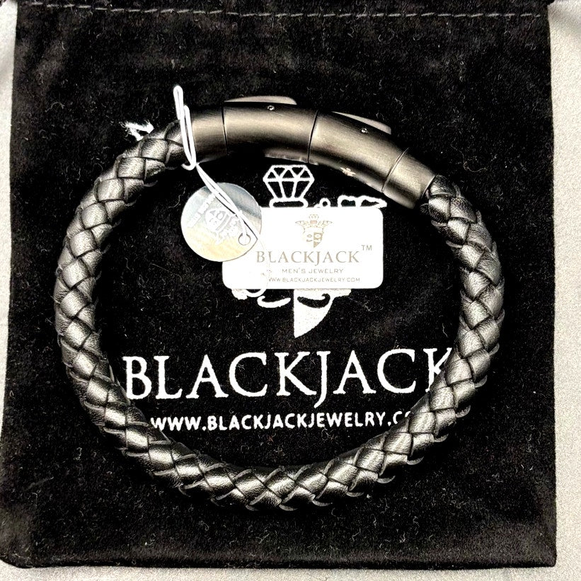 Blackjack BJB237BB Mens Black Leather Stainless Steel Extendable Bracelet NIBWT