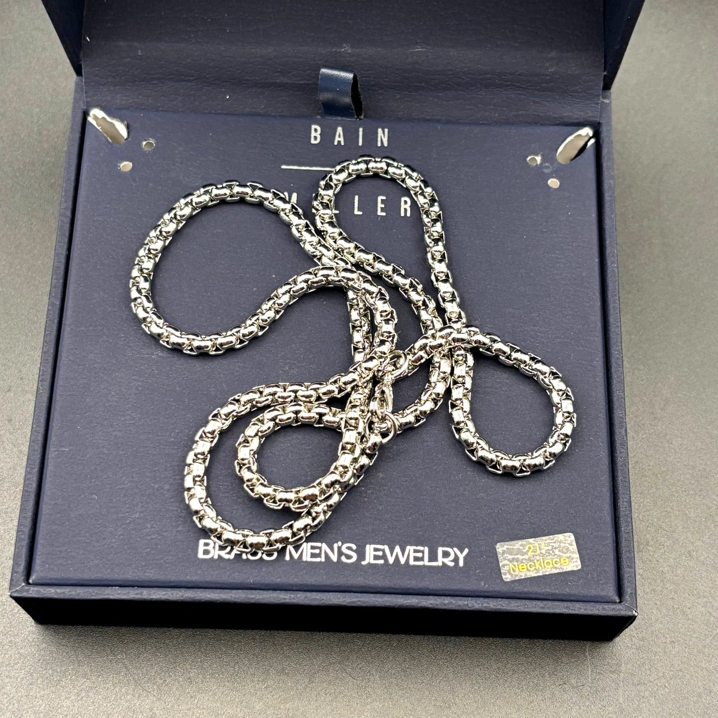 Bain Miller Men’s Silver Tone Brass Box Chain Necklace 21 Inches NIB