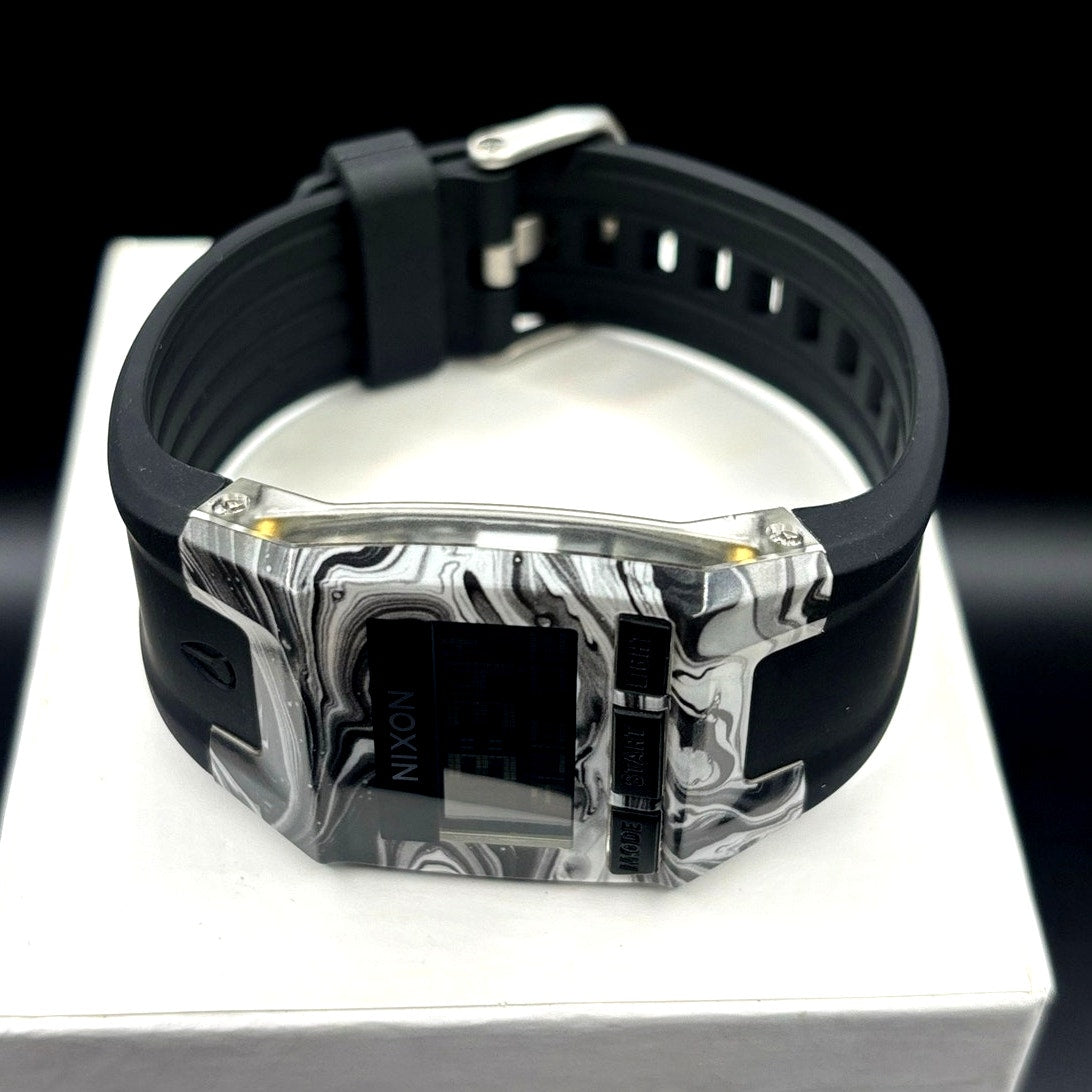Nixon The Comp S Marbled Black White Amoeba Digital Surf Watch 100M A336