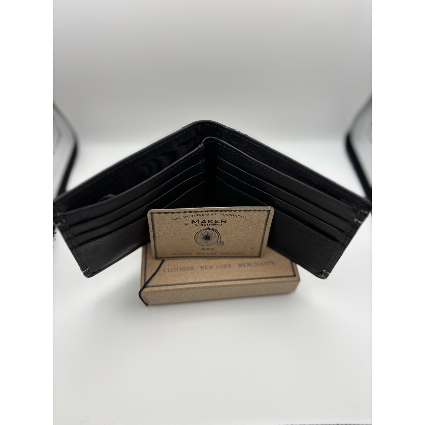 Maker & Company Leather Bifold Wallet. Black with White Stitching. New with Box