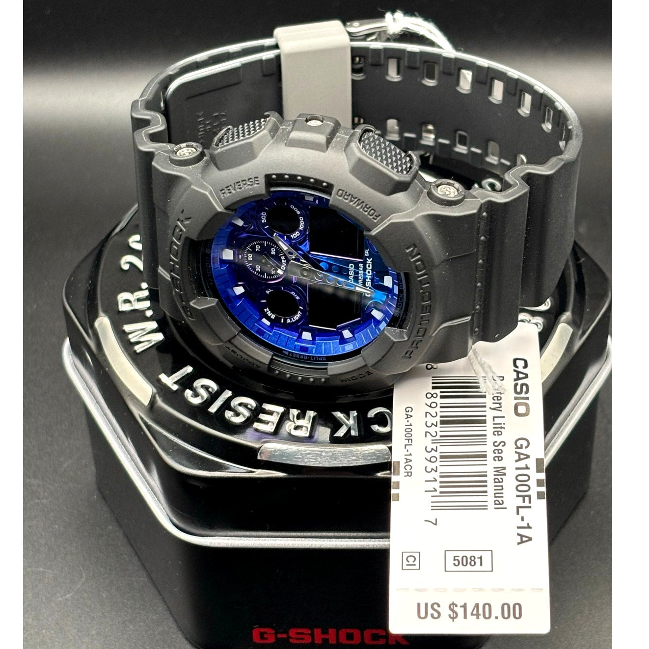 Casio G-Shock GA100FL-1A Men’s Vibrant Black Blue Analog Digital Watch NIBWT