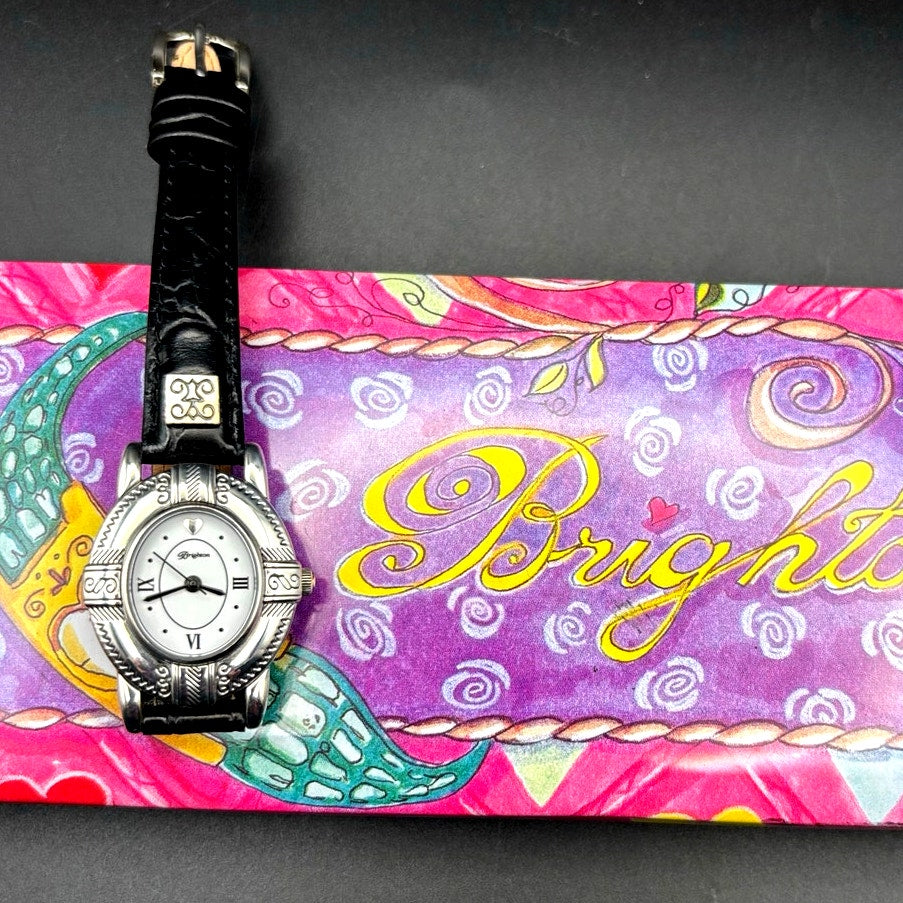 Brighton Moscow Women’s Silver Oval Black Italian Leather Vintage Watch NIB