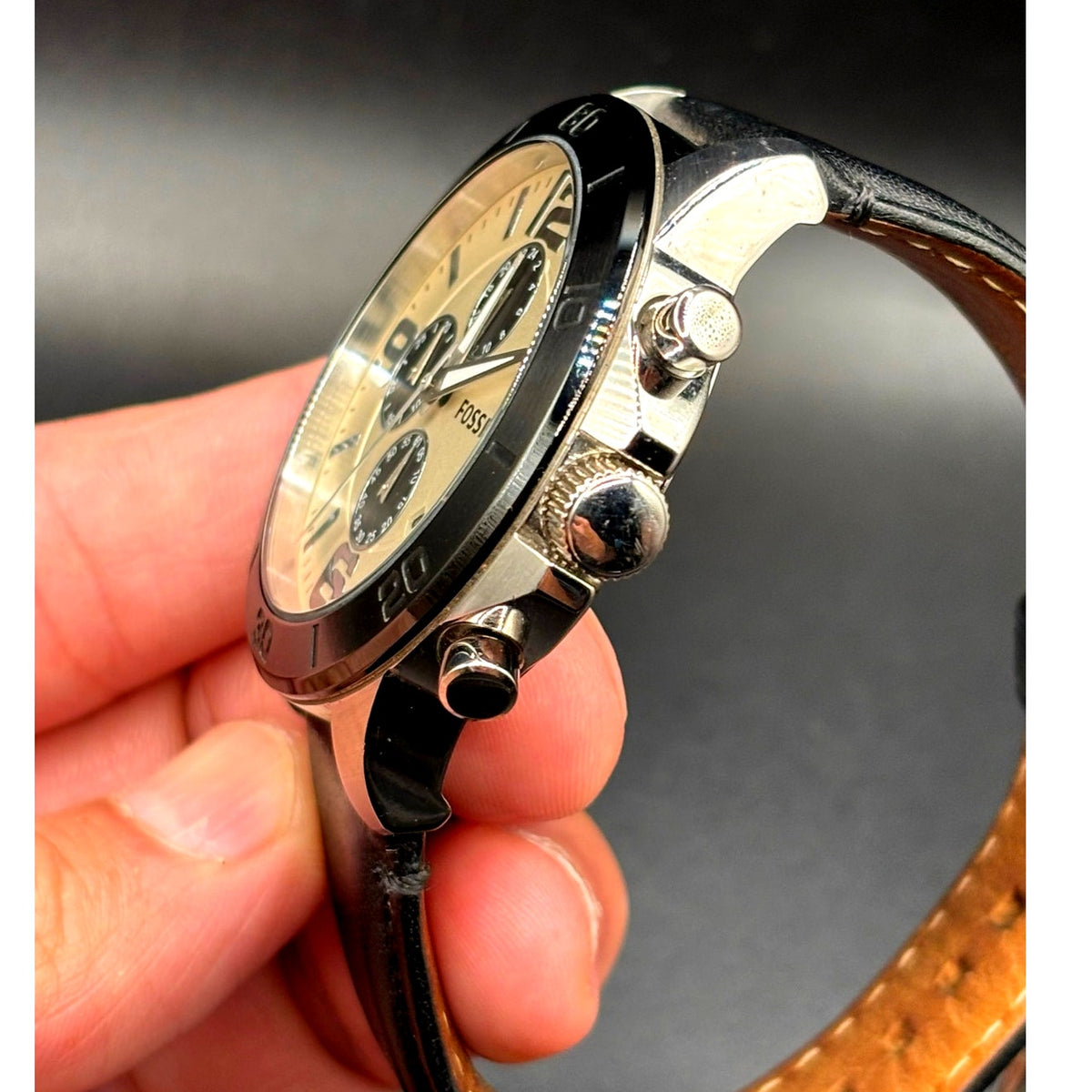 Fossil BQ2165 Chronograph Cream Dial Black Leather Men’s 45mm Watch
