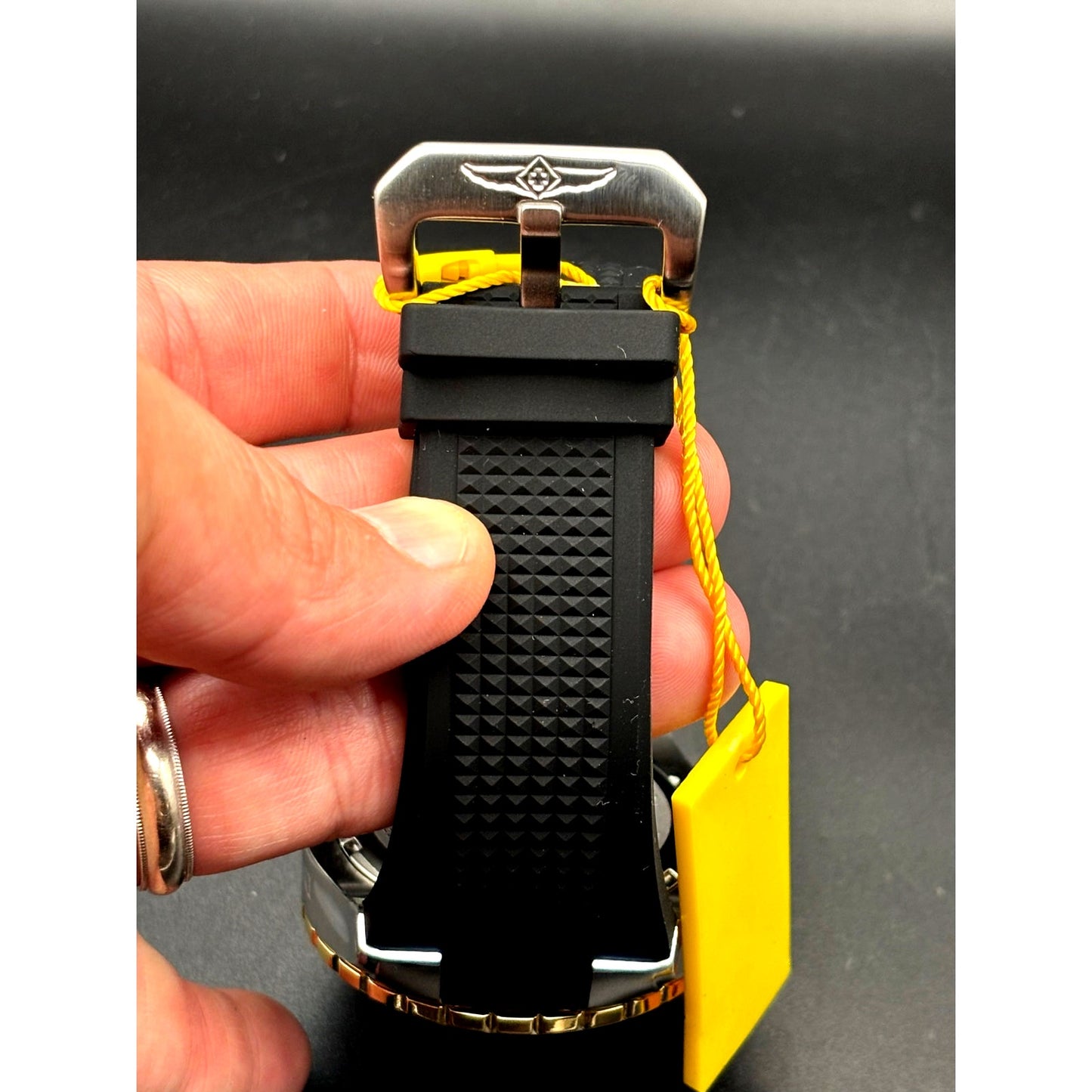 Invicta 33029 Aviator Skyshock Men’s Black Dial Gold Bezel Silicone Watch NIBWT