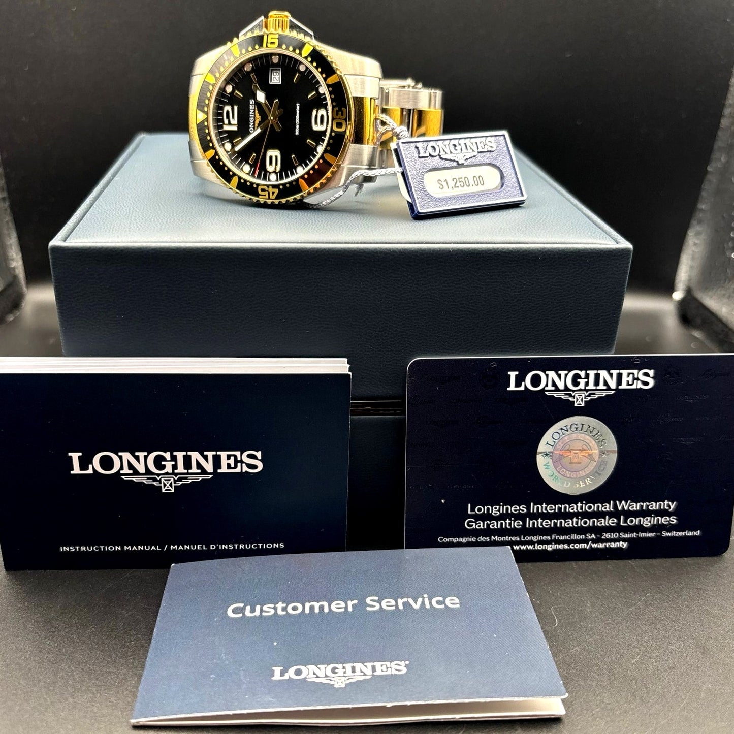 Longines HydroConquest L3.740.3.56.7  Mens 41mm Two-Tone Black Dial Diver Watch