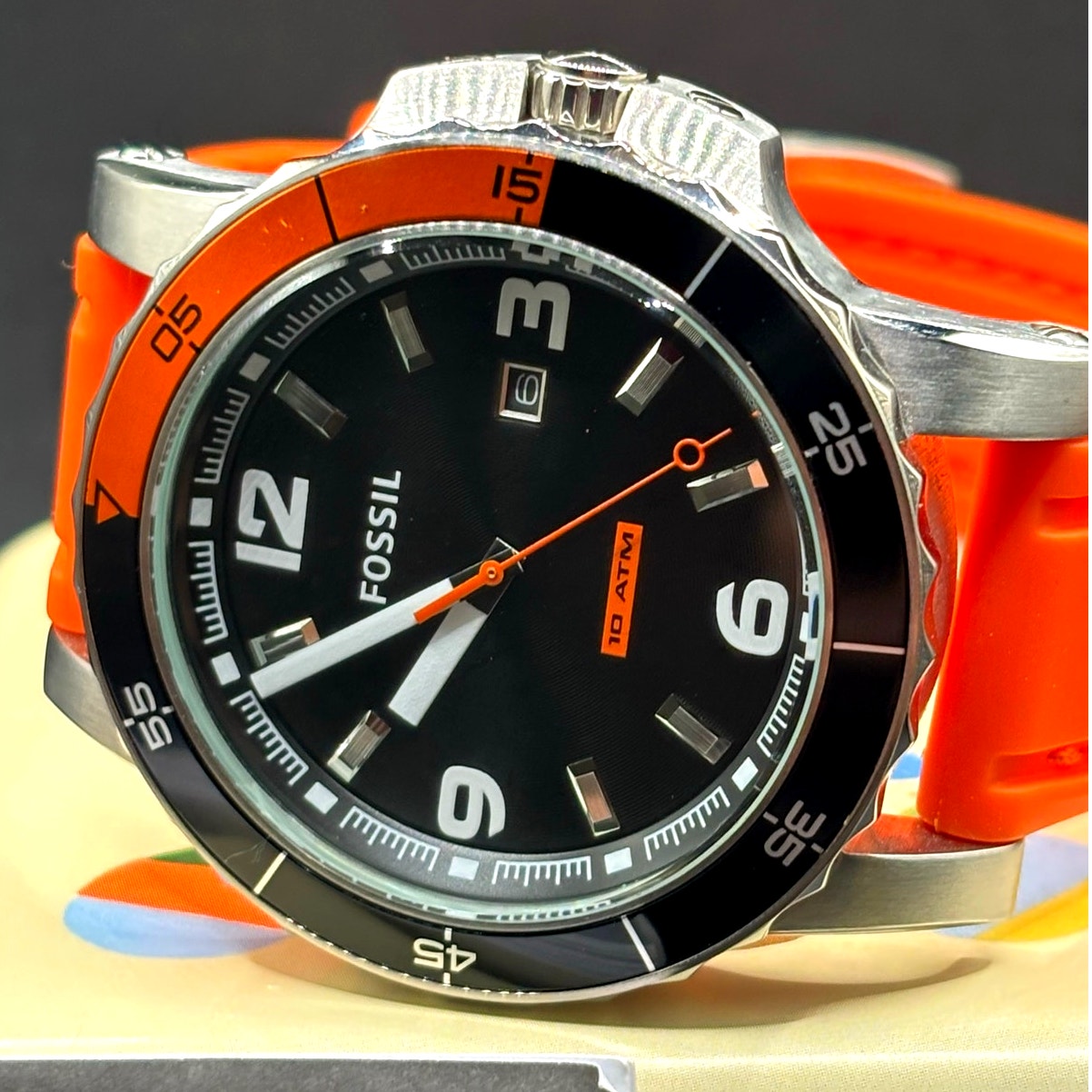 Fossil Sport AM4259 Dive Style Orange Silicone Strap Men’s Watch 46mm 10 ATM NIB