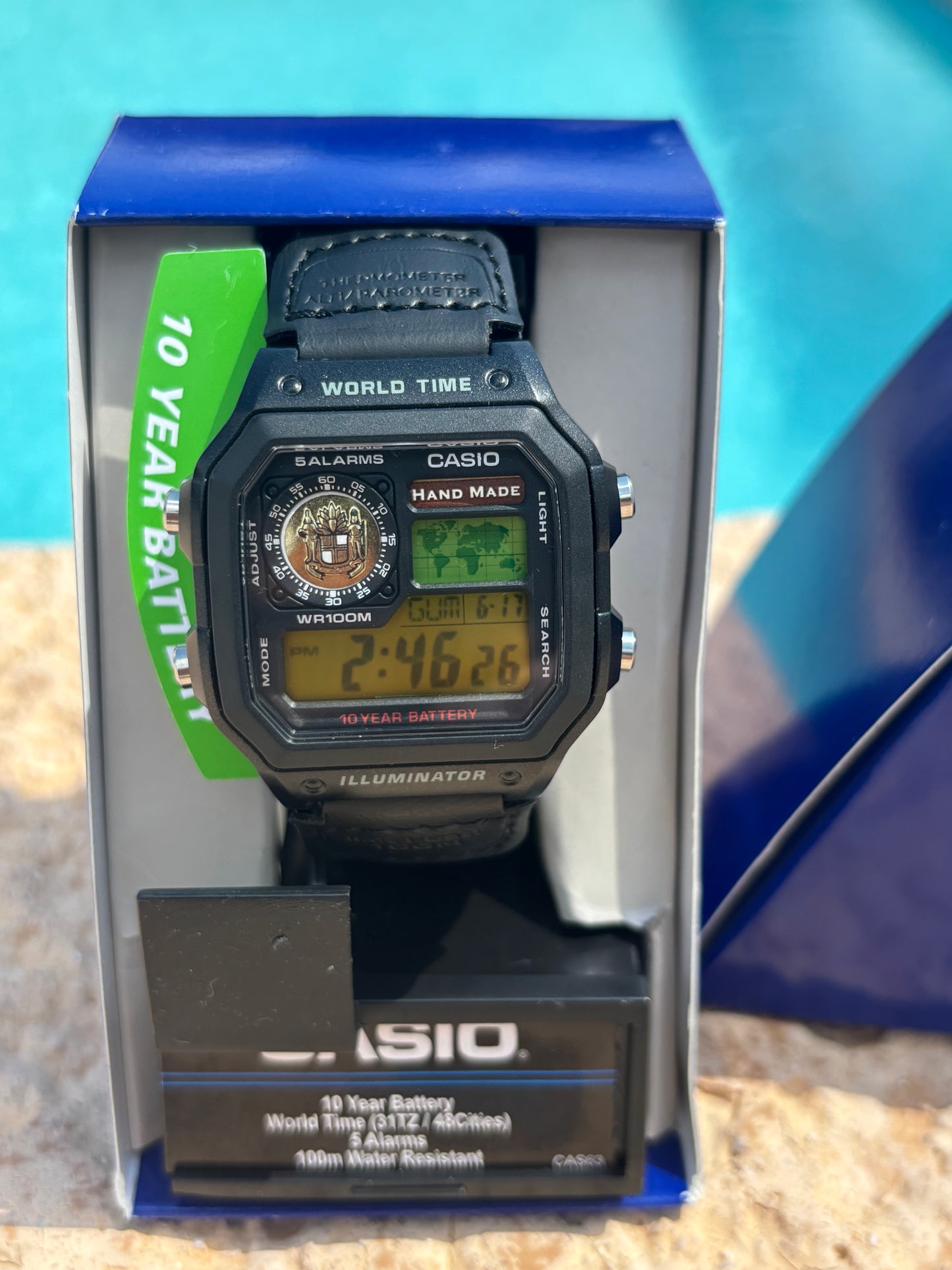 Modded Casio AE1200WH-1A “Cigar Edition” – Green Nylon Strap, Two-Tone Gel Filter & Handmade Emblem