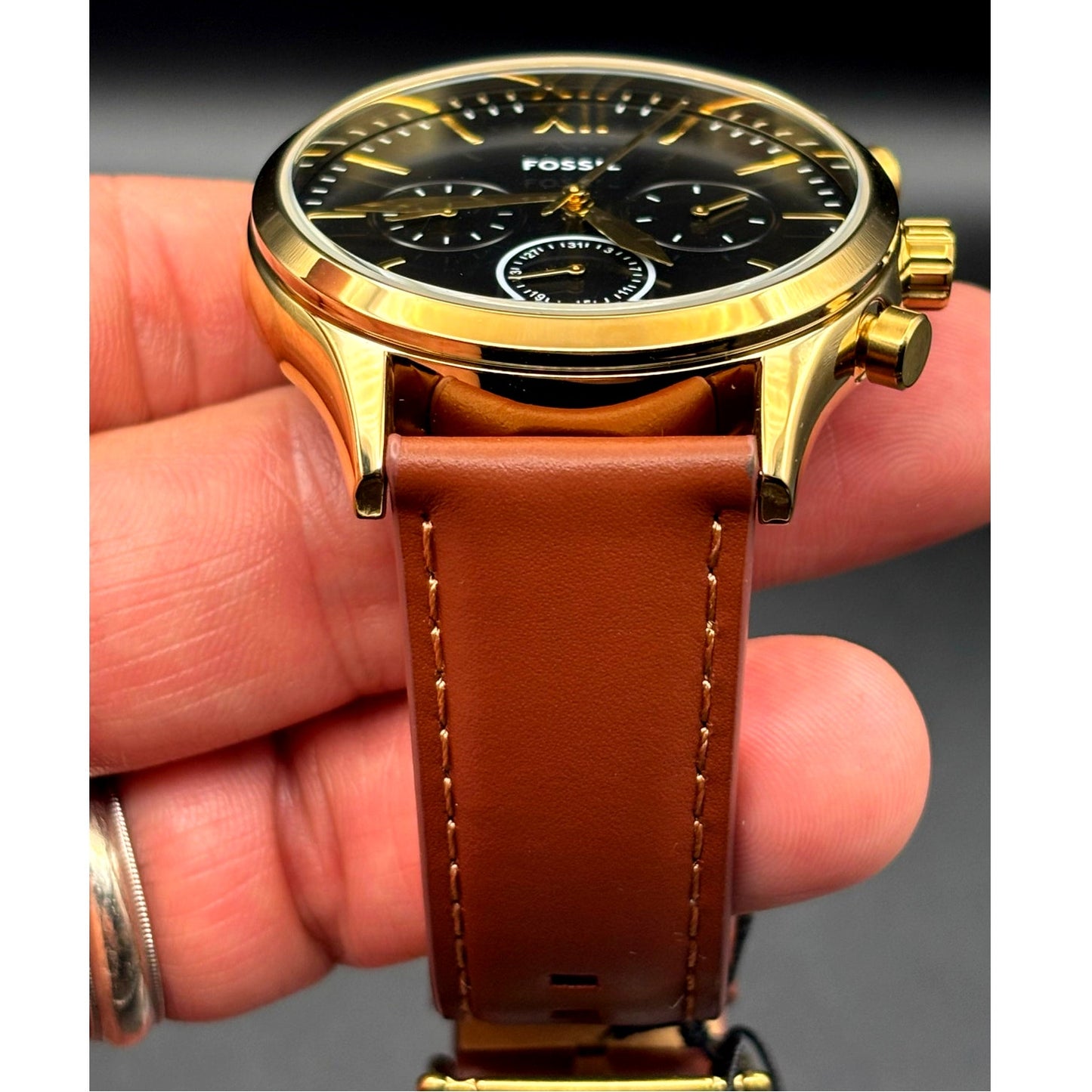 Fossil Fenmore BQM2404 Men's Multifunction Gold Tone Leather Strap Watch NIBWT