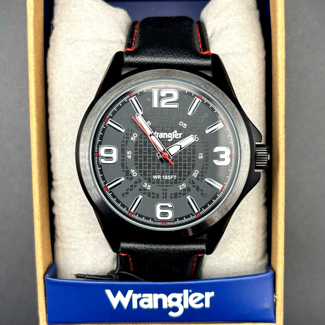 Wrangler WRW2400-1A Mens Black Analog Watch Black Leather Red Stitching Strap