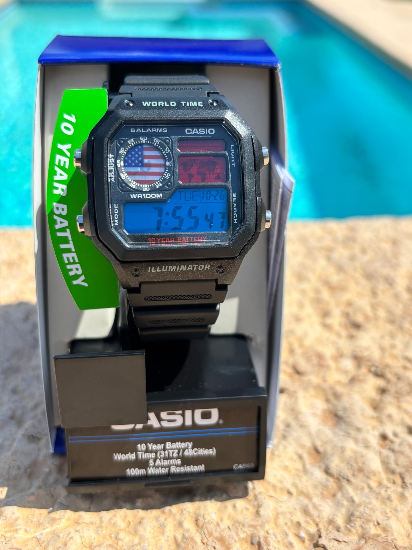 Custom Casio AE-1200 “World Time” – USA Flag Mod with Original Resin Strap