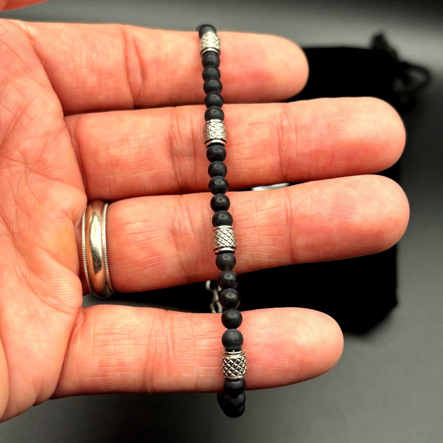 Blackjack BJS37BON Mens Genuine Onyx Stainless Steel Beaded Bracelet NIBWT