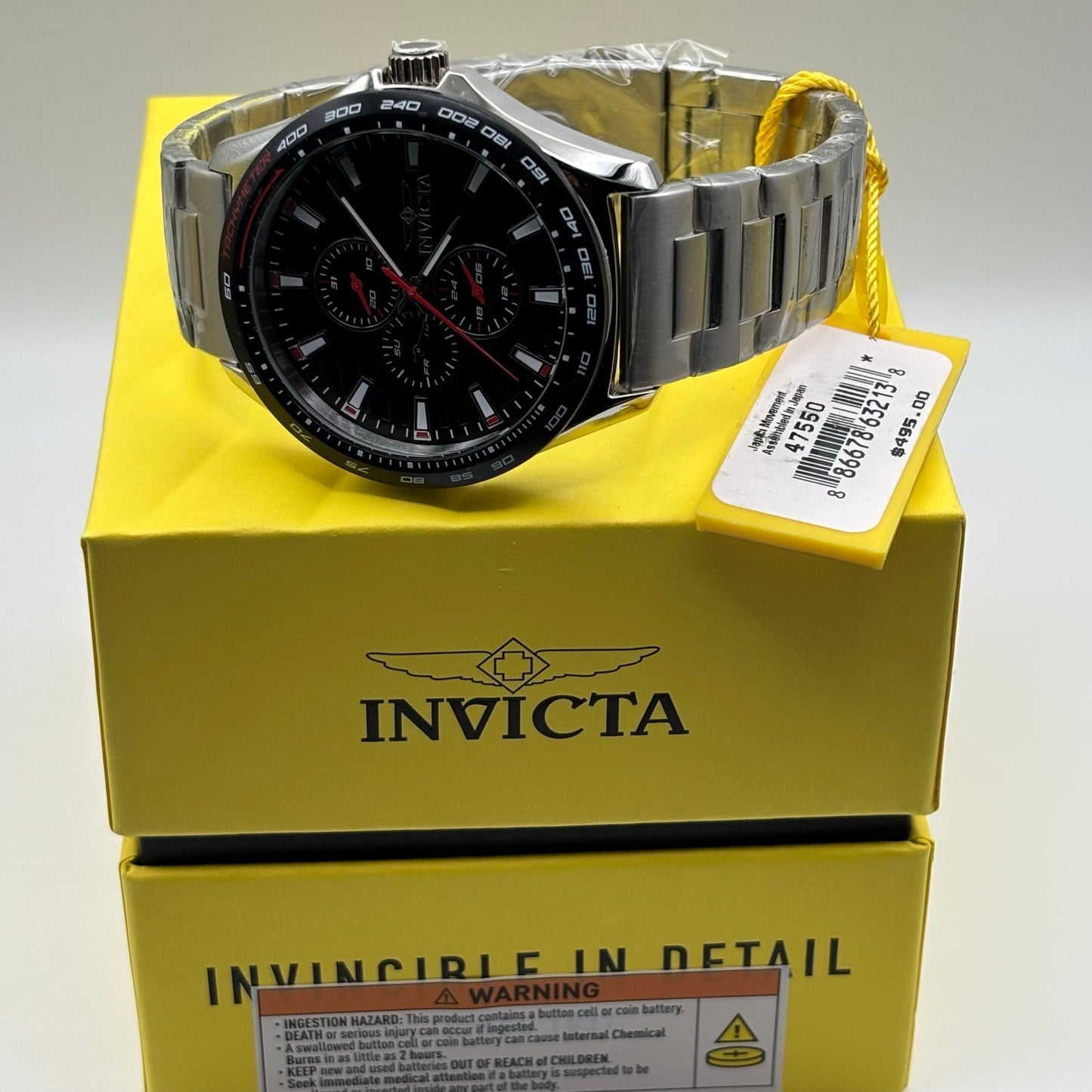 Invicta Racing 47550 Mens 44mm Stainless Steel Black Dial Quartz 50m NIBWT