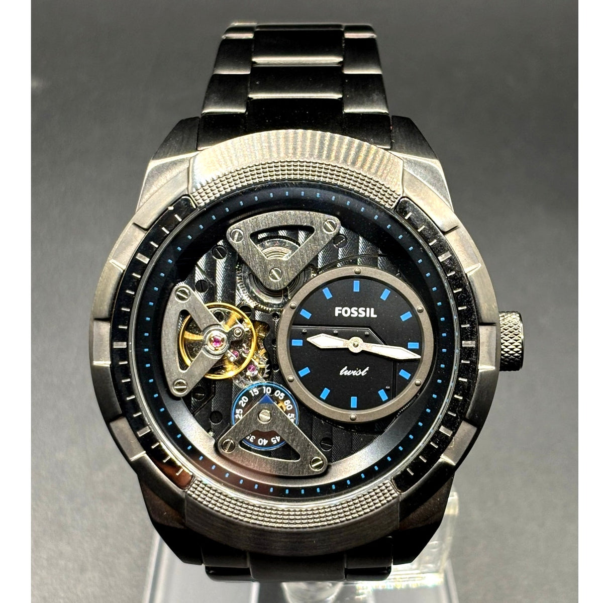 Fossil Bronson Twist ME1171 Semi Skeleton Smoke Stainless Steel 50mm Watch