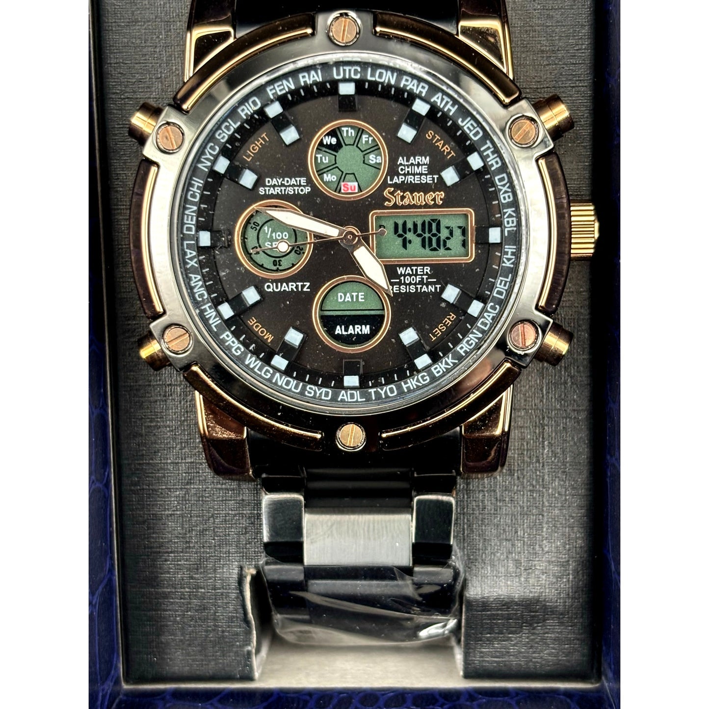 Stauer 52318 Due Volta Chronograph Men's Watch 48mm Rose Gold Black Steel NIB