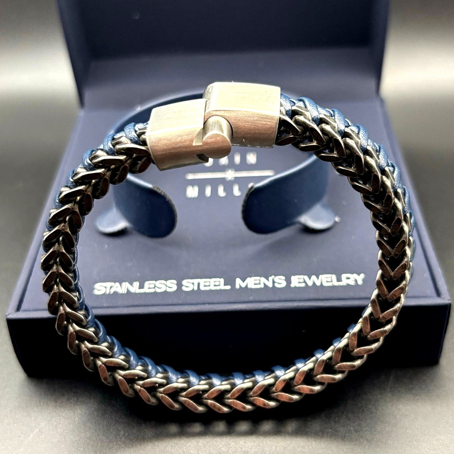 Bain Miller Mens Stainless Steel Blue Leather Woven Bracelet Slide Lock Clasp