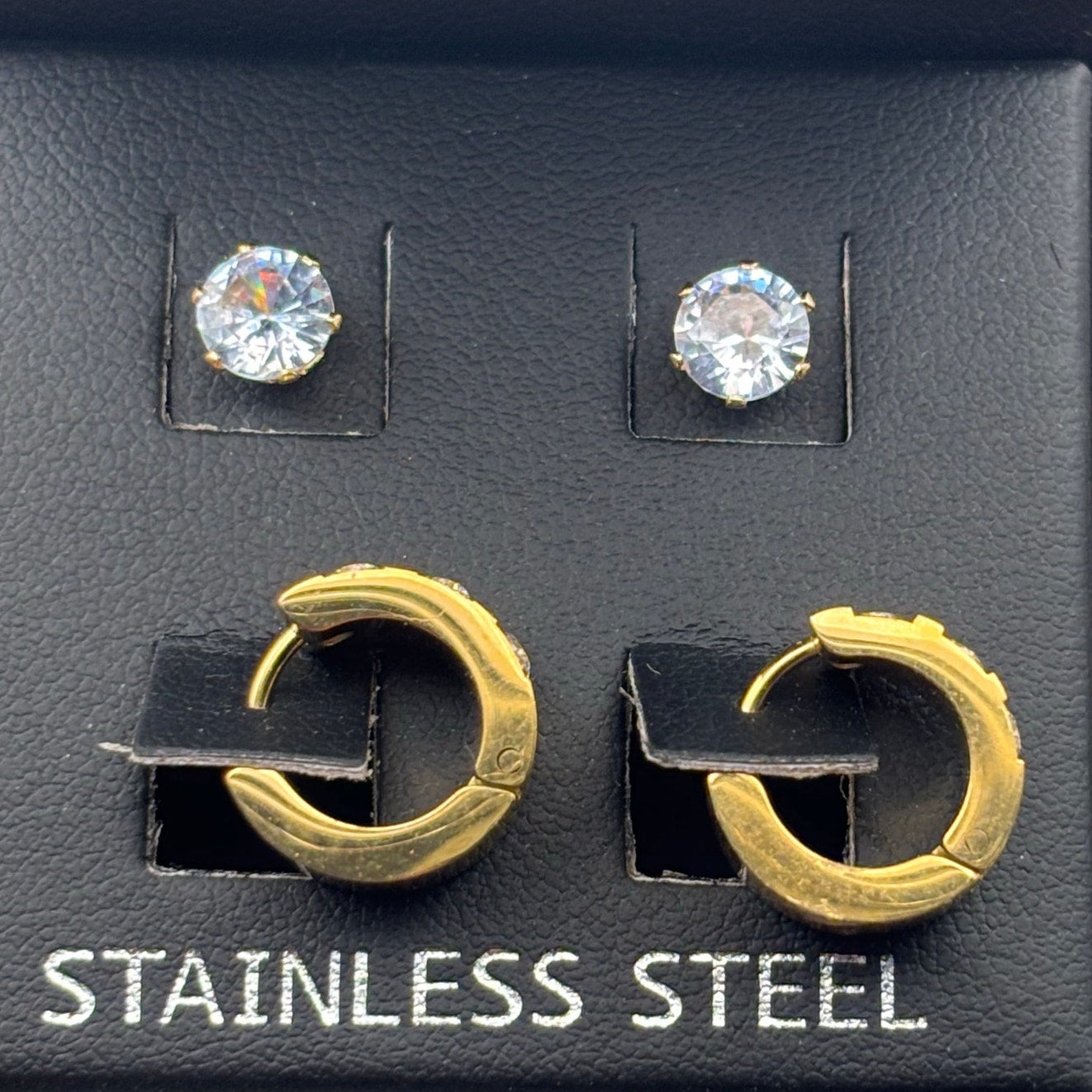 SteelTime Men’s Stainless Steel Earring Set – Gold Huggies + CZ Studs