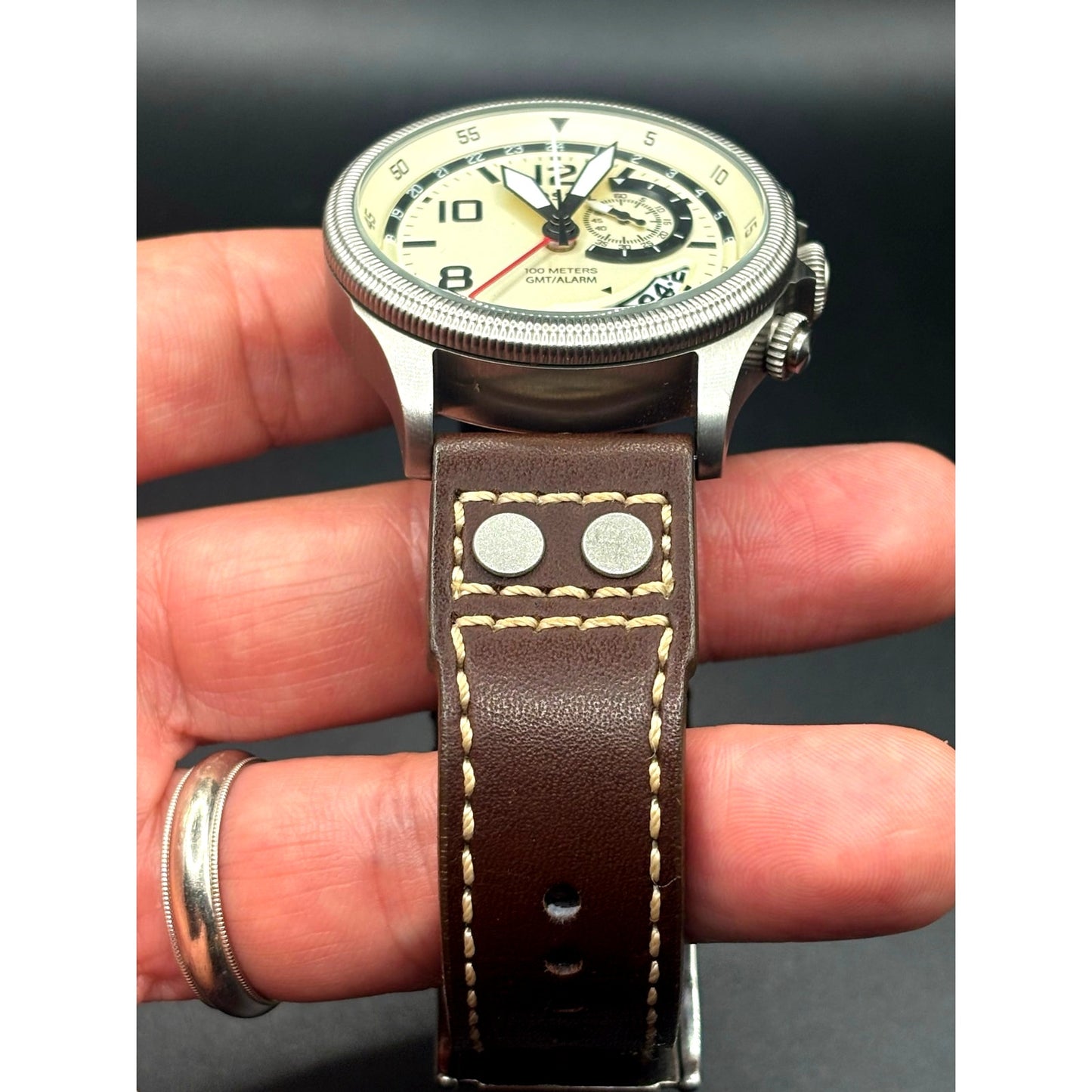 Fossil FS5043 Recruiter GMT Alarm Cream Dial Leather Strap Men’s 44mm Watch
