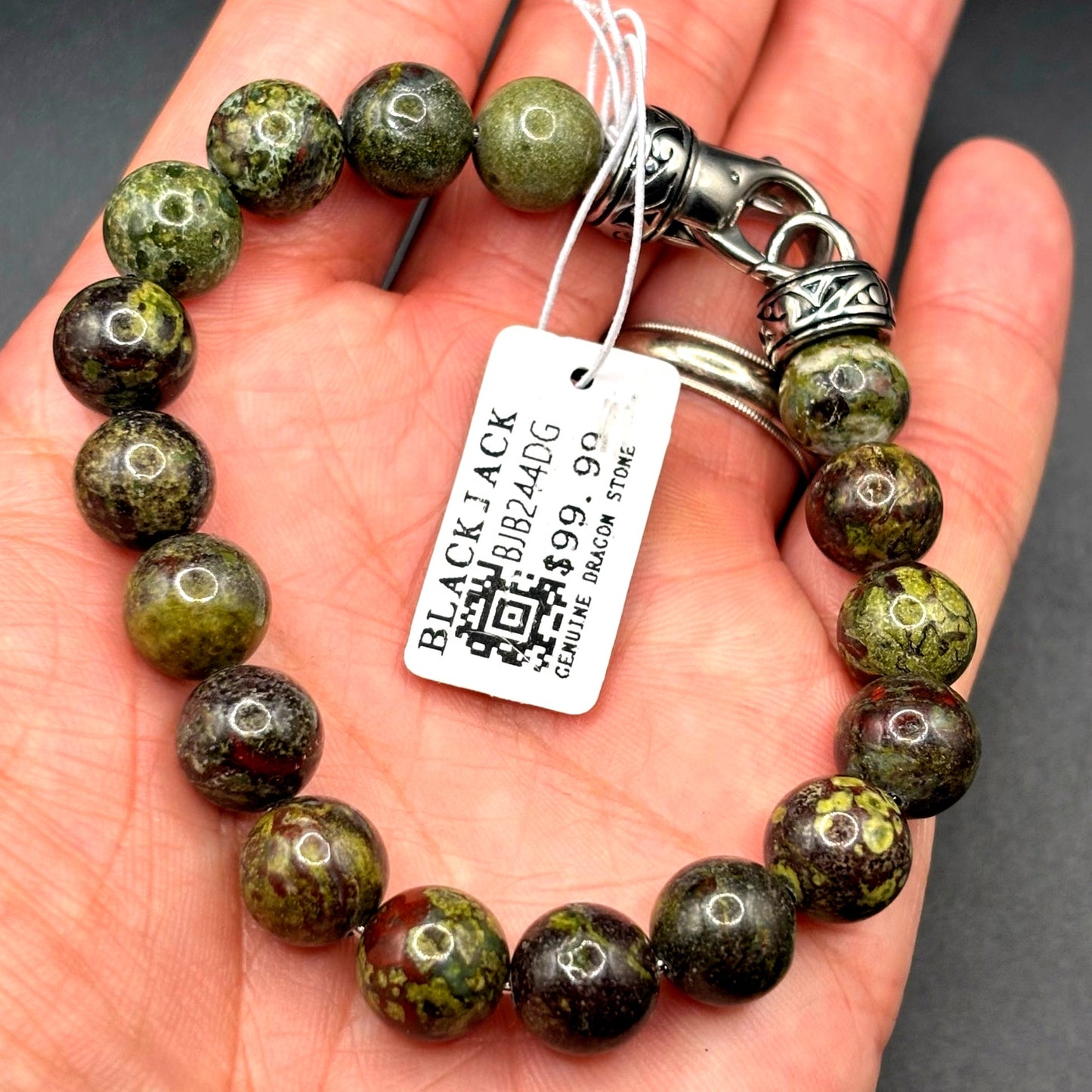 Blackjack BJB244DG Men’s 10mm Dragon Stone Stainless Steel Beaded Bracelet NWT