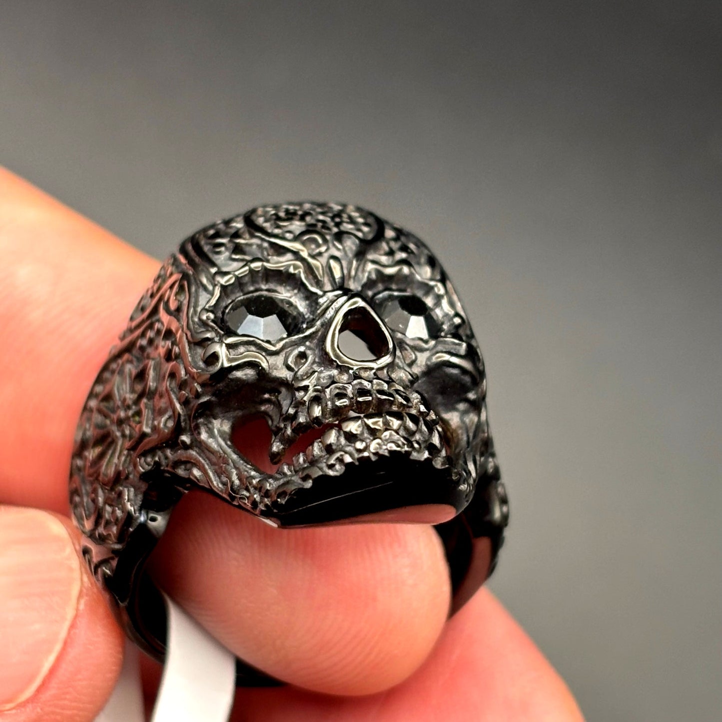 Blackjack BJZ10B Mens Skull Ring Black Stainless Steel with Black CZ Eyes Size10