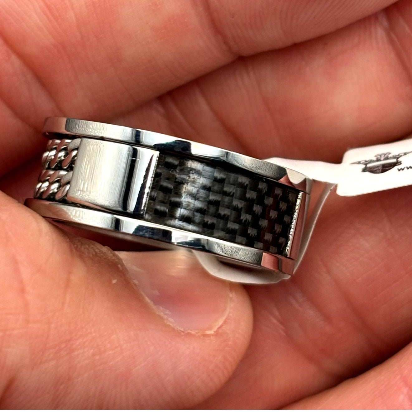 Blackjack BJR89W Men’s Stainless Steel Carbon Fiber Double Curb Link Ring SZ#10