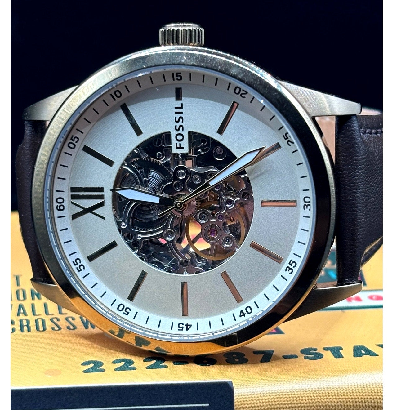 Fossil Flynn BQ2382 Automatic Men's Watch Skeleton Dial Leather Strap 48mm