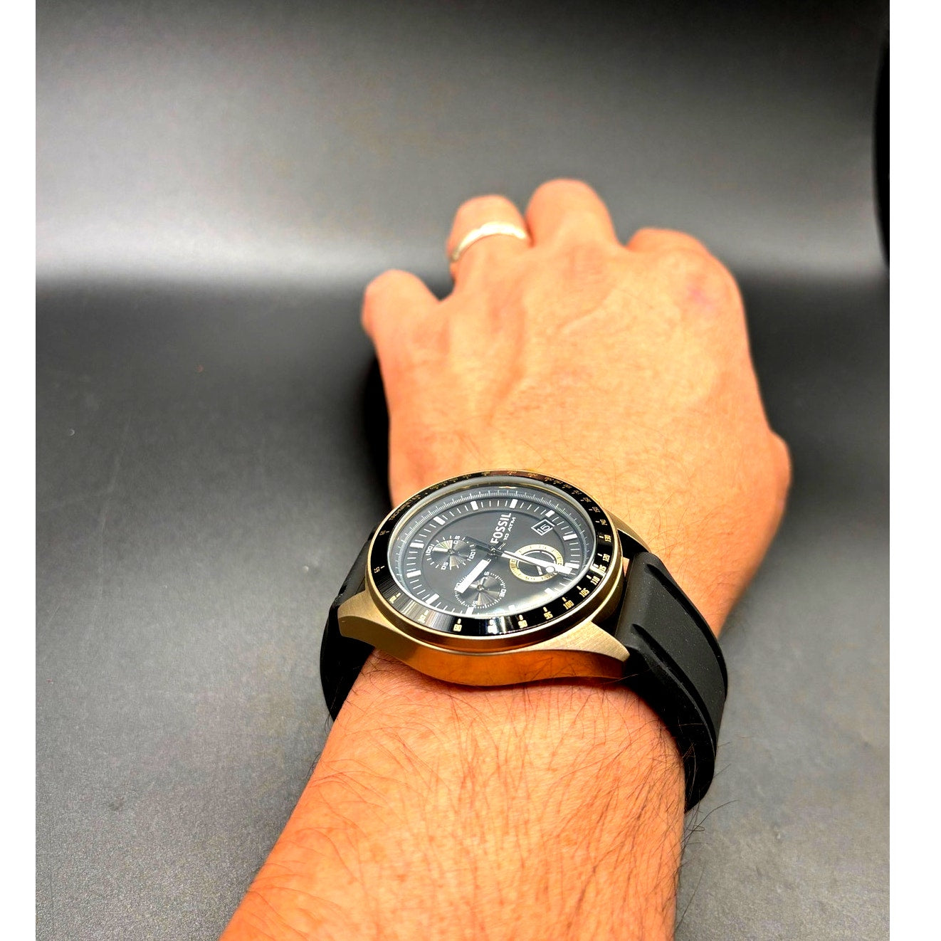 Fossil Decker DE-5003 Chronograph Black Dial Bronze Tone Silicone Strap Watch