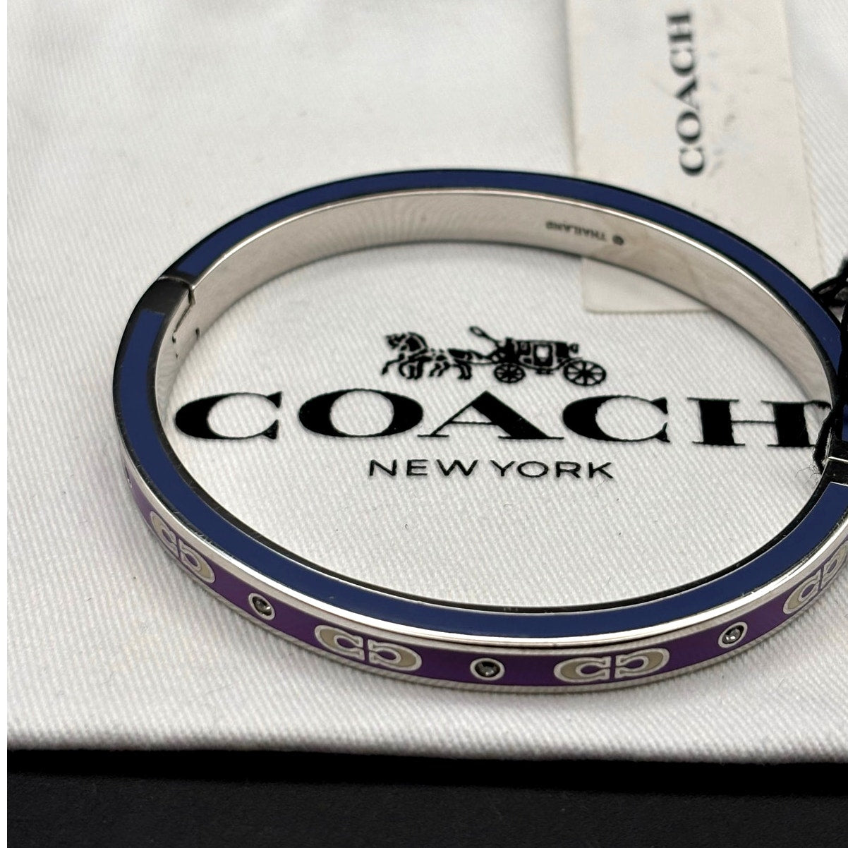 Coach CY053 Kissing Signature Enamel Hinged Bangle Purple and Blue Color NIBWT