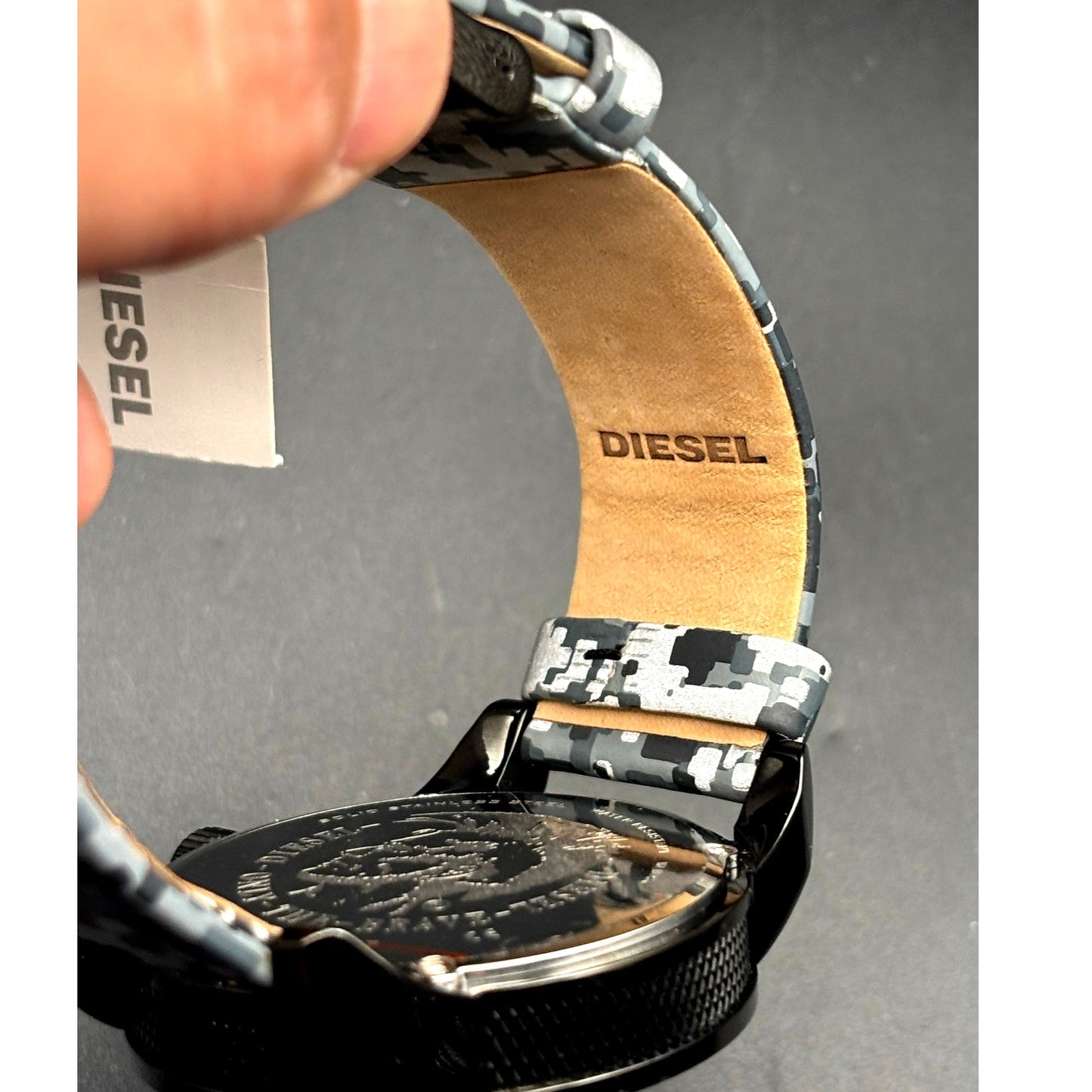 Diesel Double Down DZ1664 Mens Watch Camo Leather Strap Black Dial 46mm NIBWT
