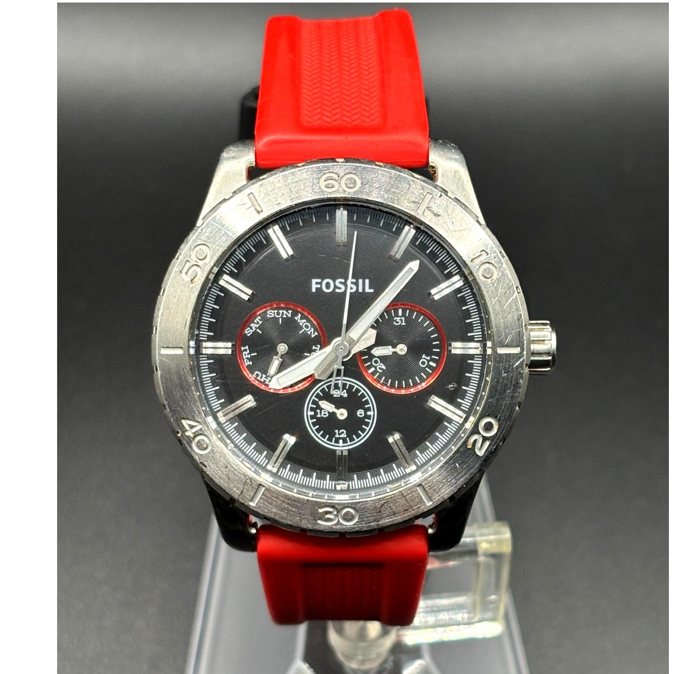 Fossil Kipton BQ1061 Black Dial Red Silicone Strap Multifunction Watch 42mm