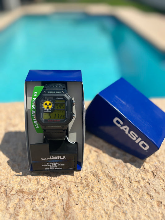 Modded Casio AE1200WH-1A “Nuclear Edition” – Green Nylon Strap, Gel Filter & Atomic Symbol Display