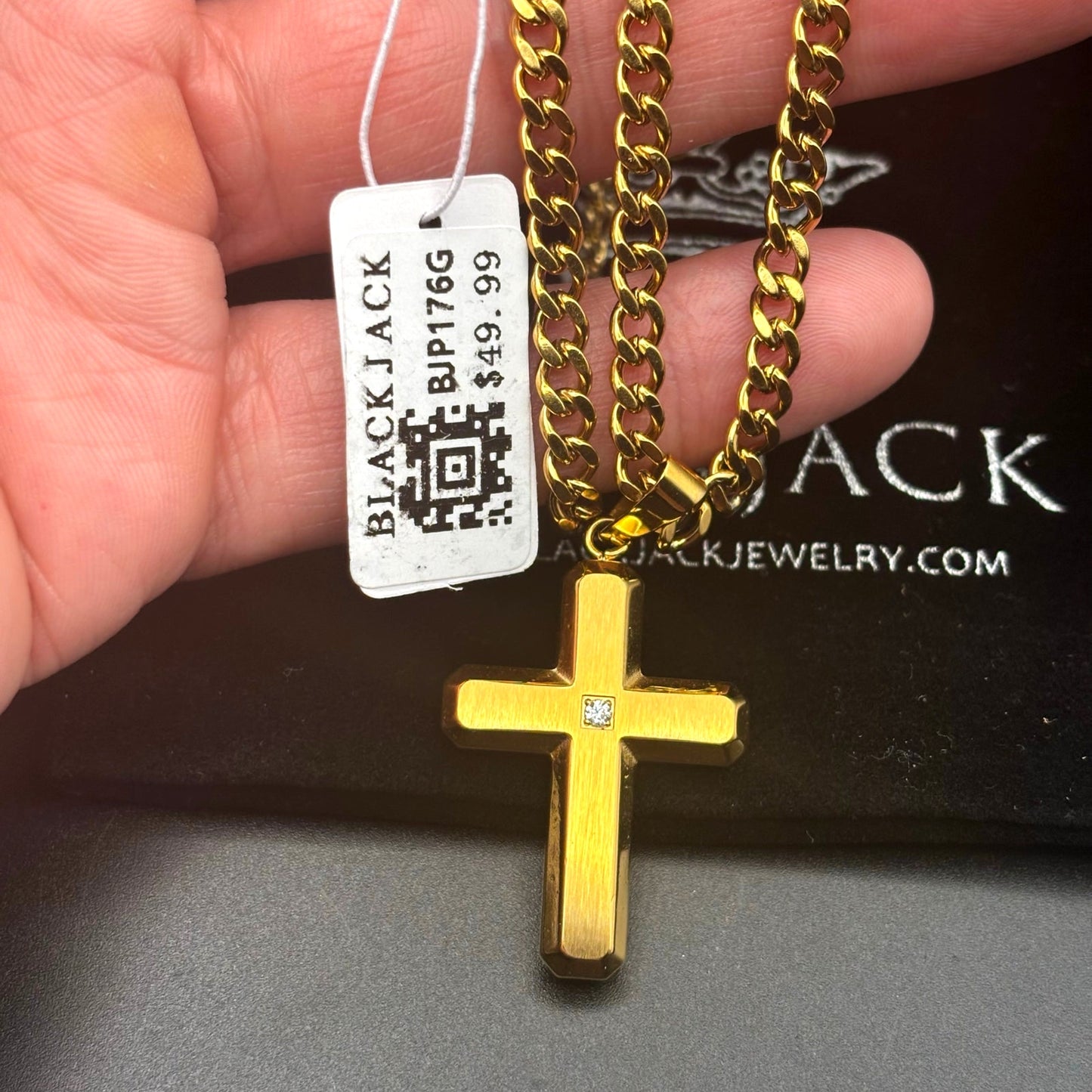 Blackjack BJP176G Mens Gold Stainless Steel Cross Pendant Necklace With CZ NIBWT