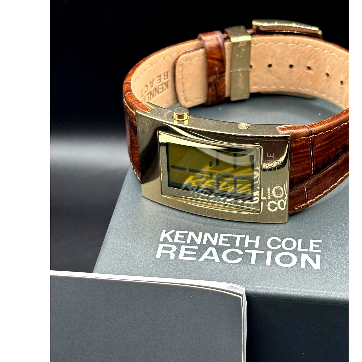 Kenneth Cole Reaction KC1398 Digital Gold Tone Brown Embossed Leather Watch Y2K