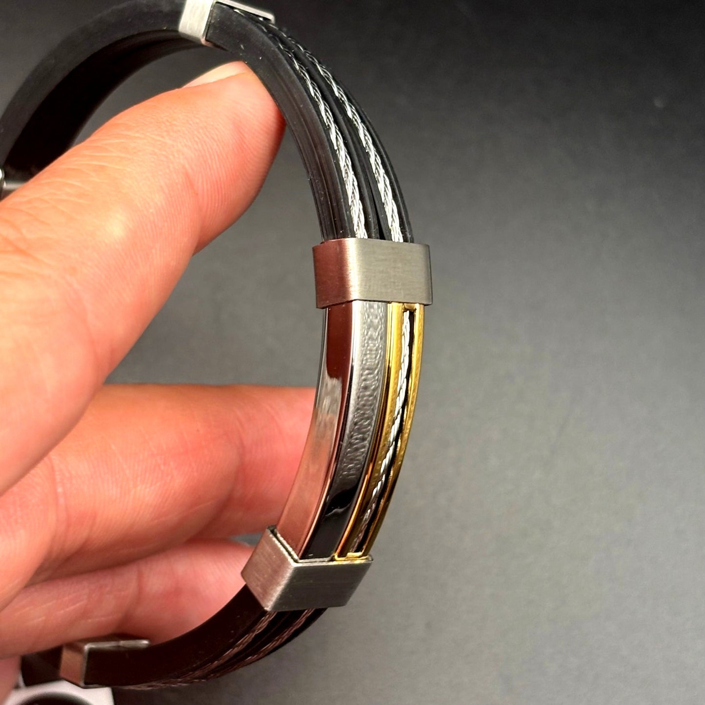 Blackjack BJB11G Mens Black Silicone Gold Stainless Steel Wire Bangle Bracelet