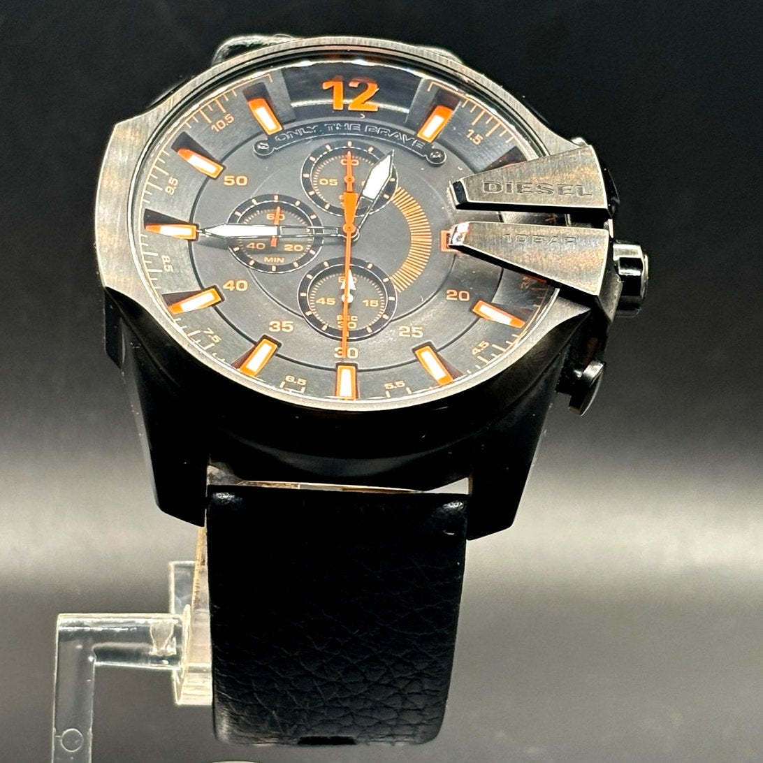 Diesel Mega Chief DZ4291 Black Orange Chronograph Leather Men's Watch 51mm