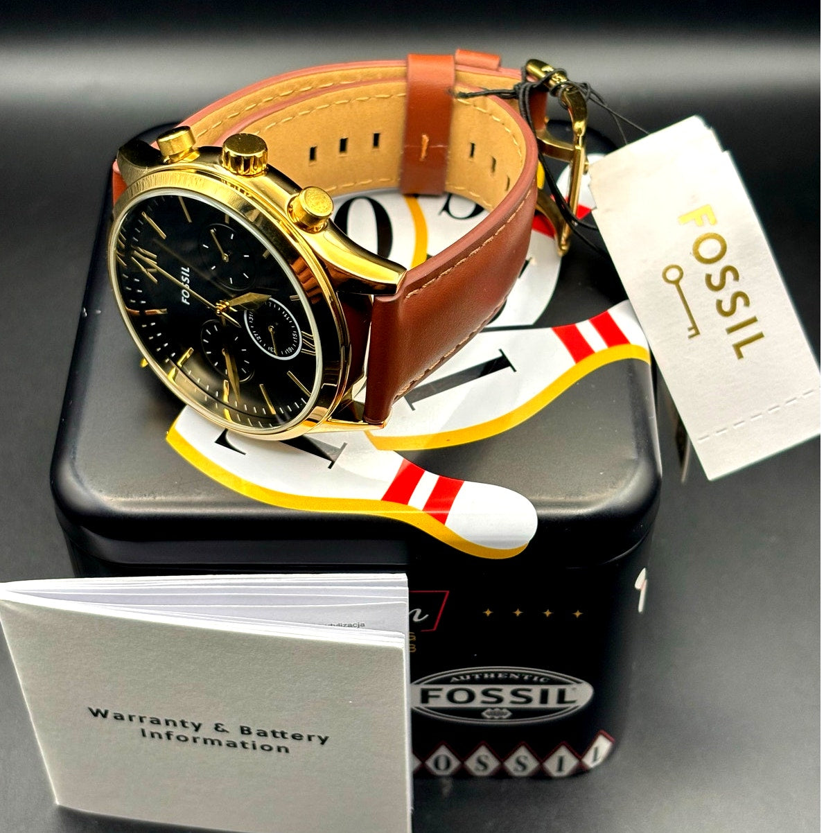 Fossil Fenmore BQM2404 Men's Multifunction Gold Tone Leather Strap Watch NIBWT