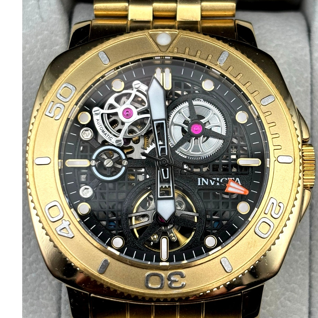 Invicta 69465 Sea Hunter Automatic Skeleton Dial Gold Tone Mens Watch 44mm NIBWT