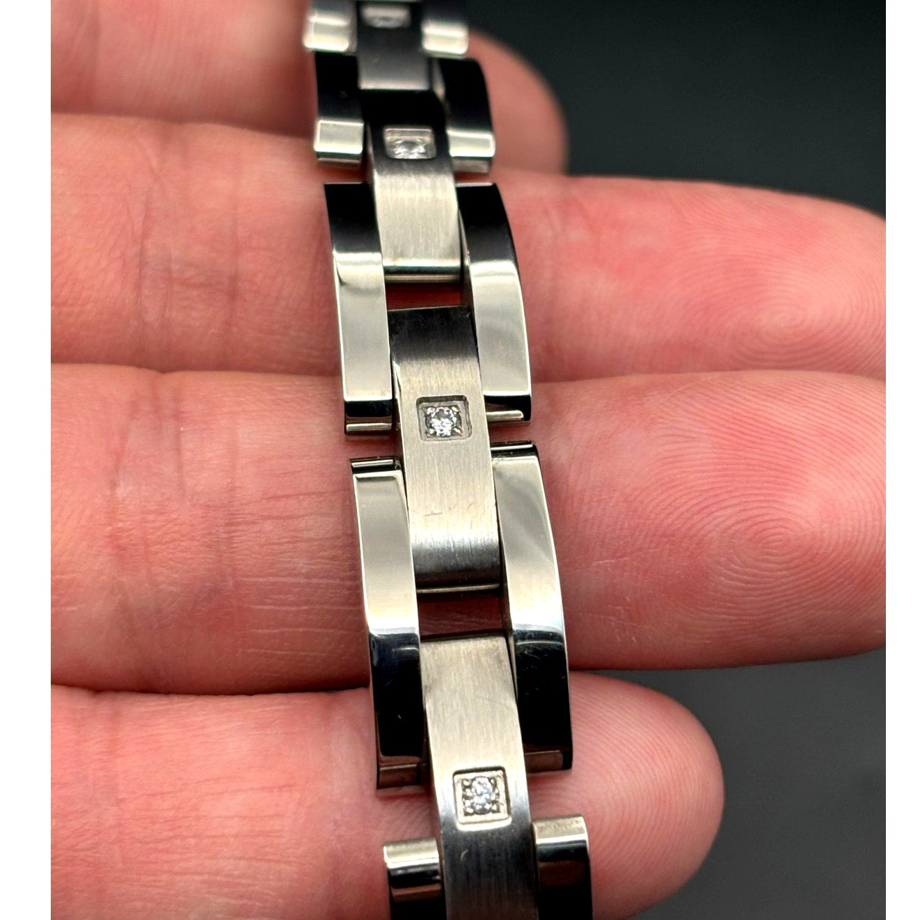 Blackjack BJB49T Men's Curved Link Stainless Steel Bracelet Cubic Zirconia NIBWT