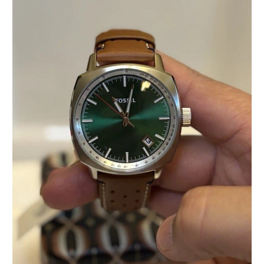 Fossil PR5486 Sun-Ray Green Dial Tonneau-Cushion Case Perforated Leather Band