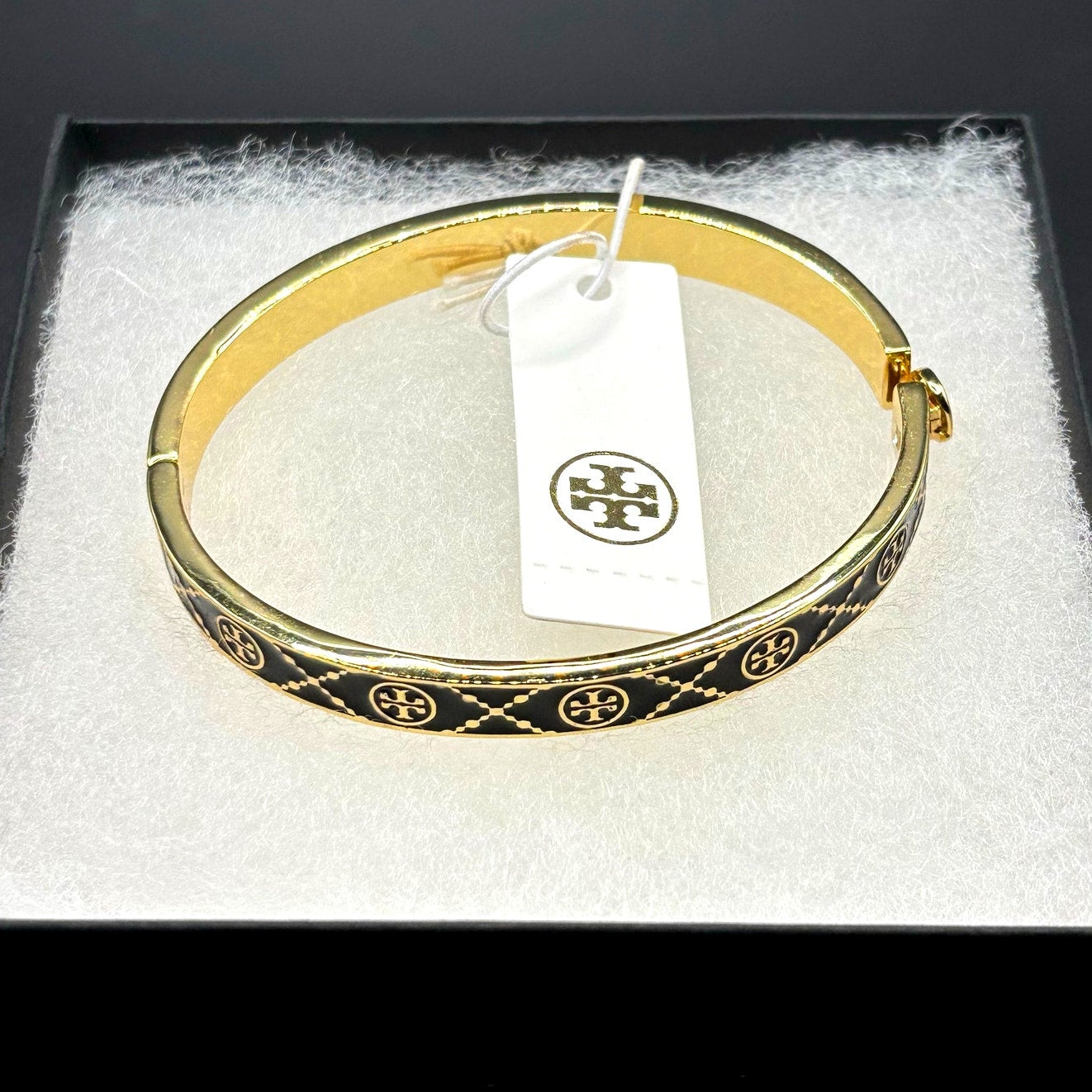 Tory Burch Icon Double T Black Gold Tone Hinged Women’s Bracelet NWT