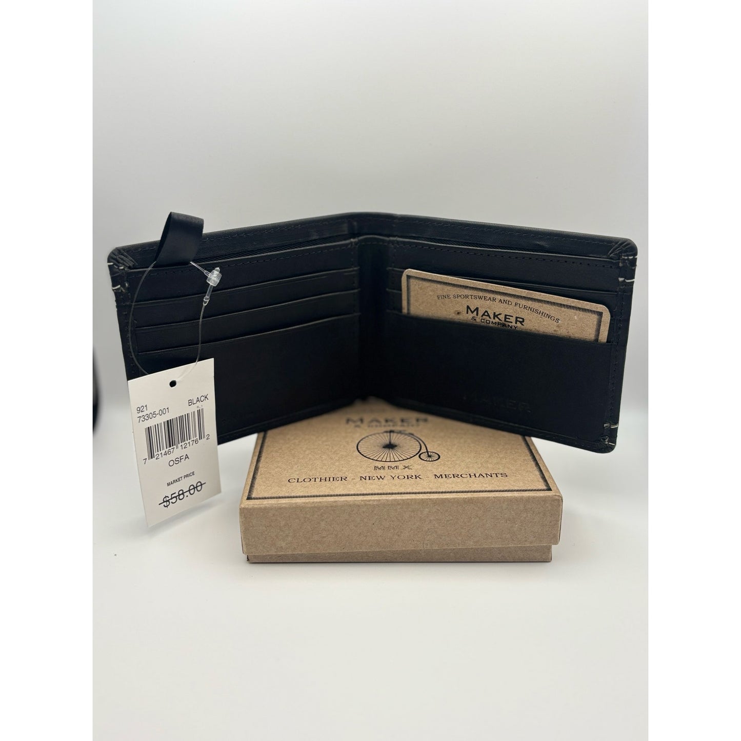 Maker & Company Leather Bifold Wallet. Black with White Stitching. New with Box