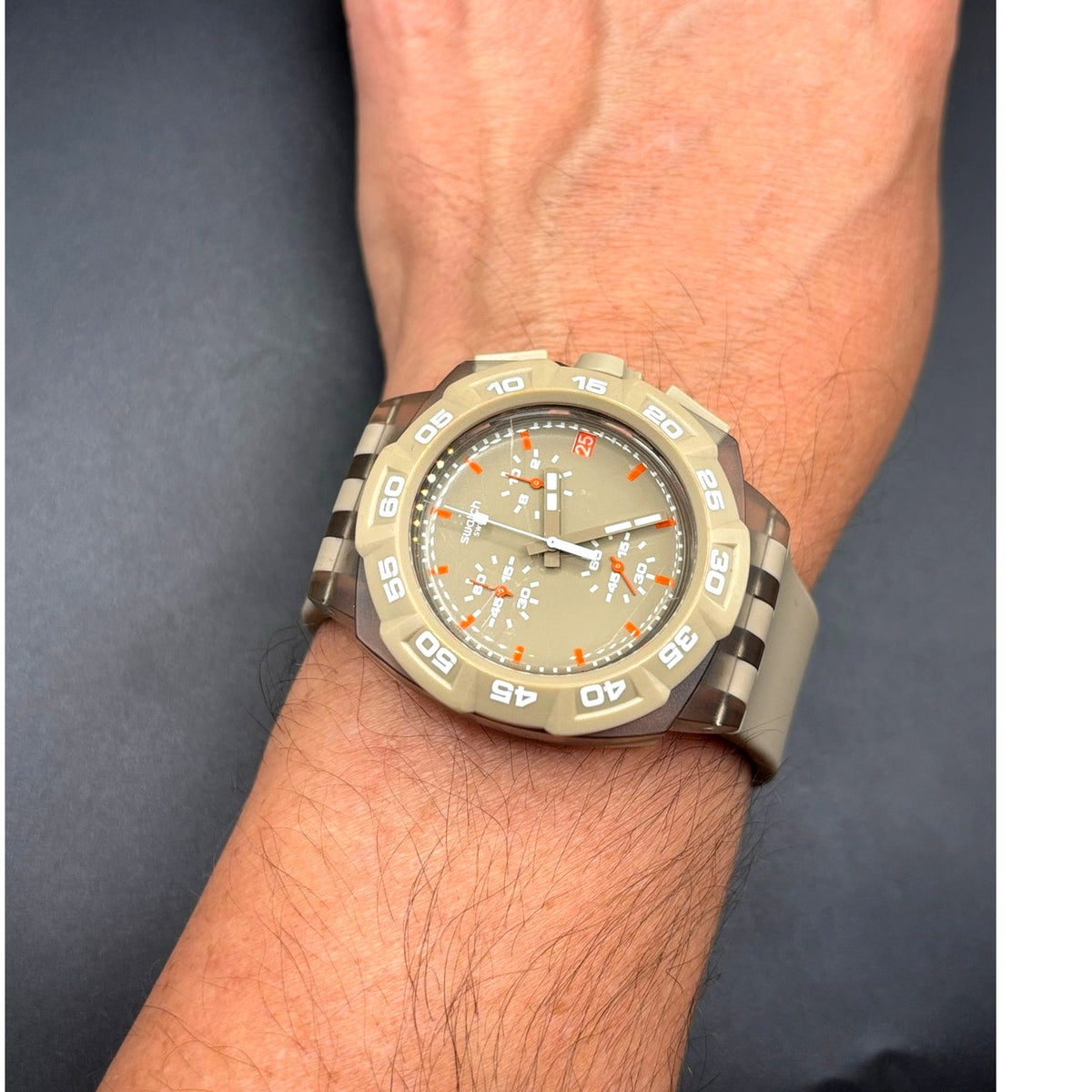 Swatch Beige Hero SUIT400 Chronograph Swiss Quartz Men’s Watch 44mm