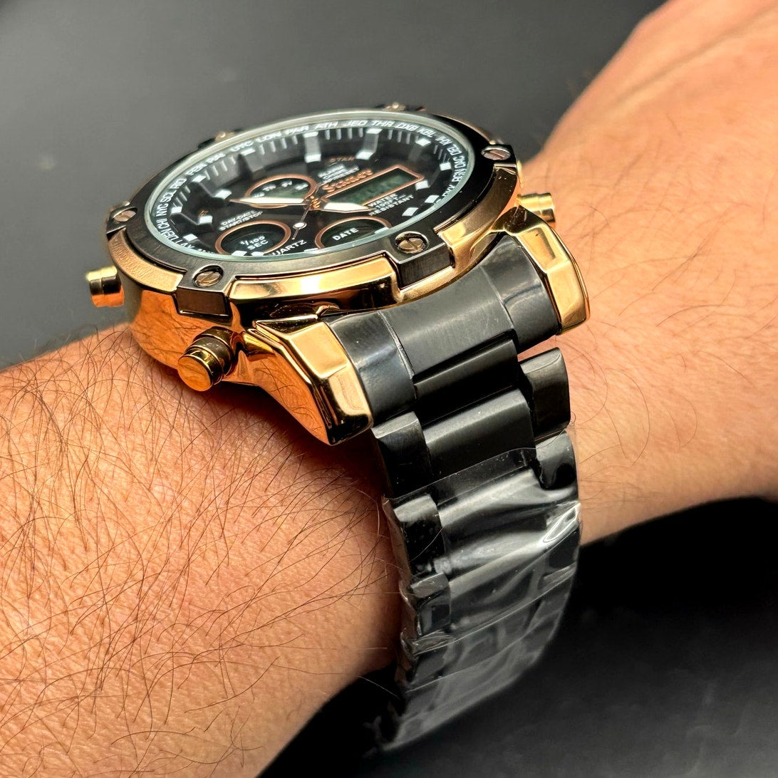 Stauer 52318 Due Volta Chronograph Men's Watch 48mm Rose Gold Black Steel NIB