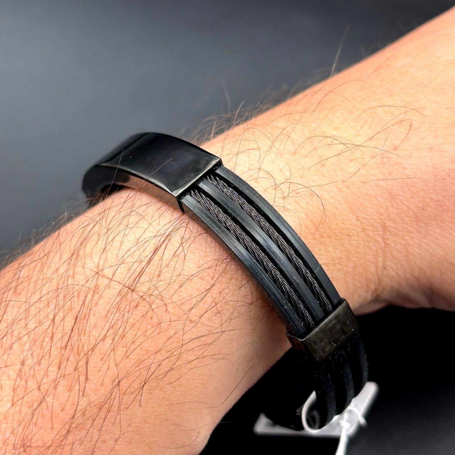 Blackjack BJB251B Men's Black Silicone Stainless Steel Bangle ID Bracelet NWT