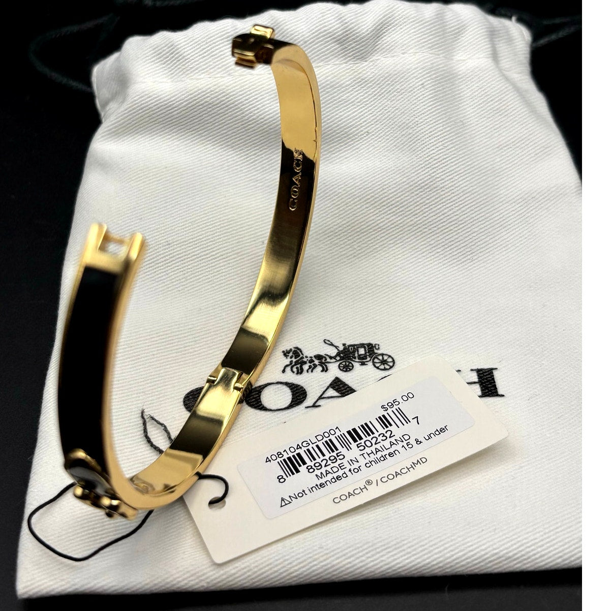 Coach 408104GLD001 Thin Enamel Signature Push Hinged Bangle Gold/Black NWT