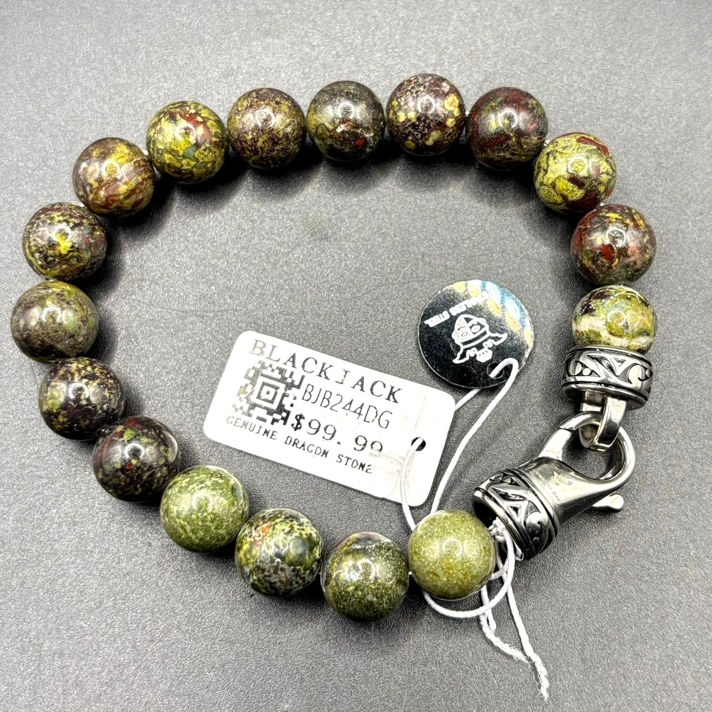 Blackjack BJB244DG Men’s 10mm Dragon Stone Stainless Steel Beaded Bracelet NWT