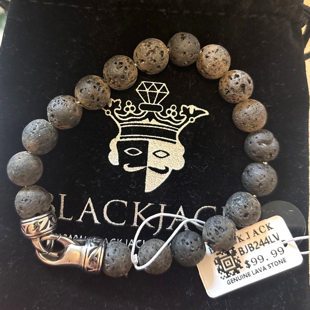 Blackjack Men’s 10mm Lava Stone Stainless Steel Beaded Bracelet NIBWT