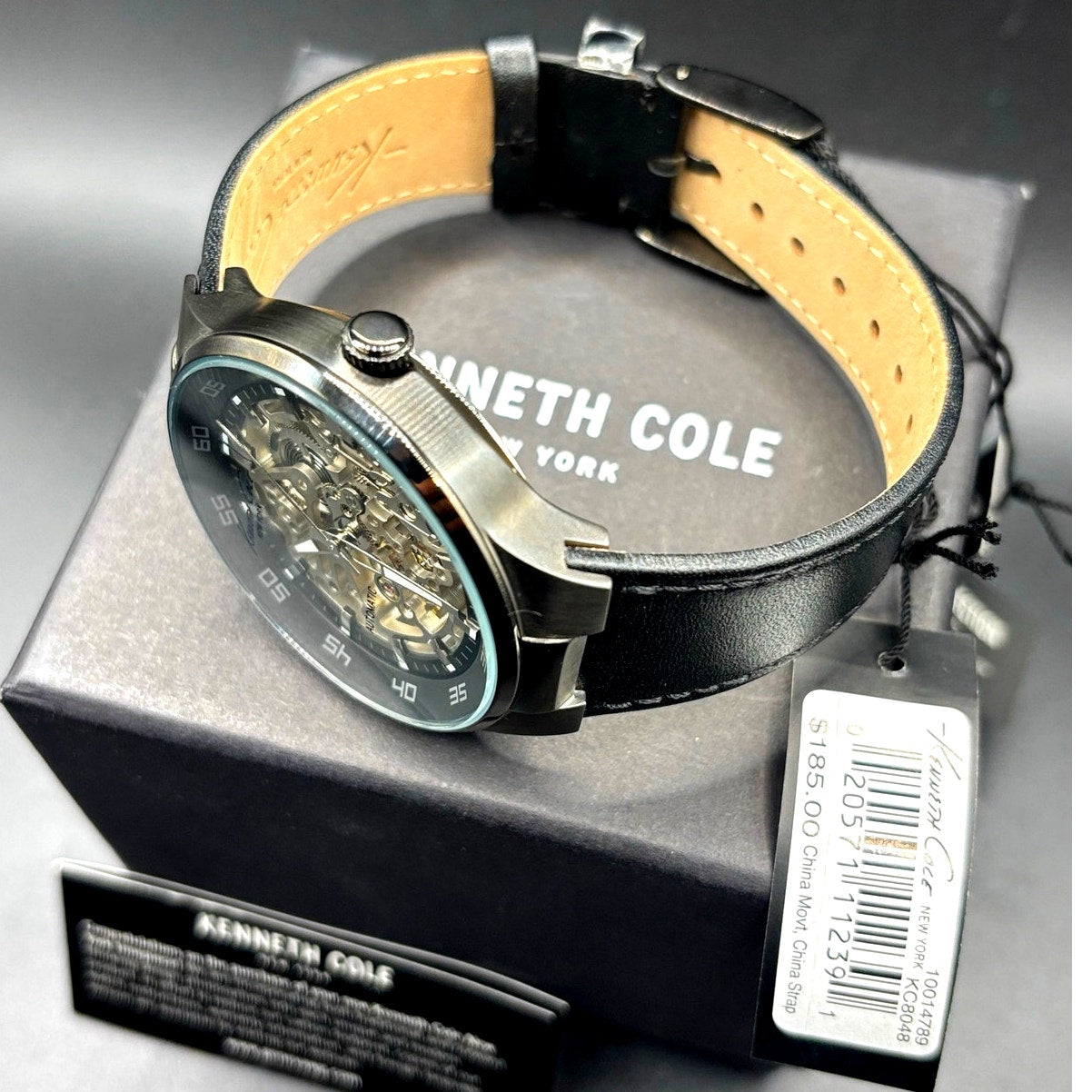 Kenneth Cole KC8048 Automatic Skeleton Men’s Watch Black Leather NIB